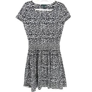 Ralph Lauren Black White Smocked Waist Cotton Mini Dress Med Preppy Boho Chic